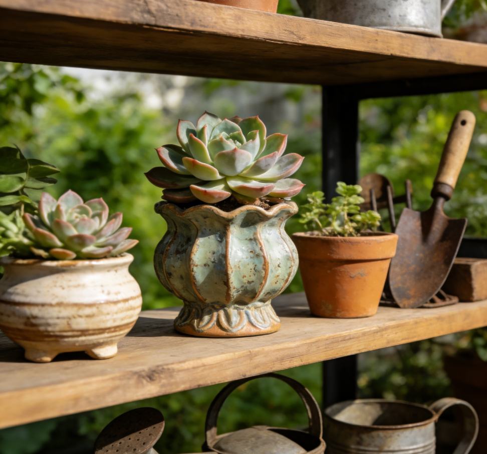 đ” Baroque Revival Fluted Ceramic Succulent Planter â Hand-Thrown Reactive Glaze Footed Pot with Aged Sage Patina, One-of-a-Kind Artisanal Vessel for Echeveria & Mini Succulents