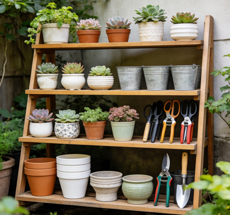 đż4-Tier A-Frame Teak Wood Garden Storage & Display Etagere â One-of-a-Kind Multi-Functional Plant Shelf with Integrated Tool Organizer for Urban Gardeners & Succulent Collectors